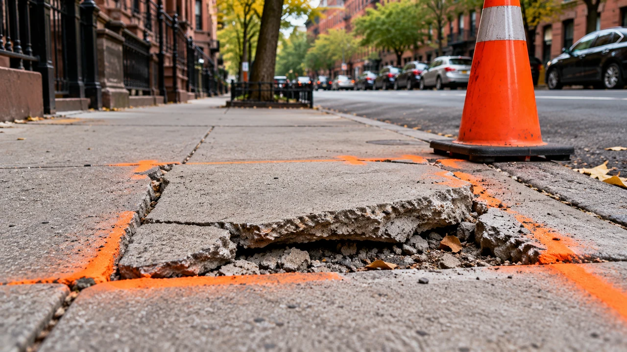 Cracked sidewalk flag marked for NYC DOT violation repair in Manhattan