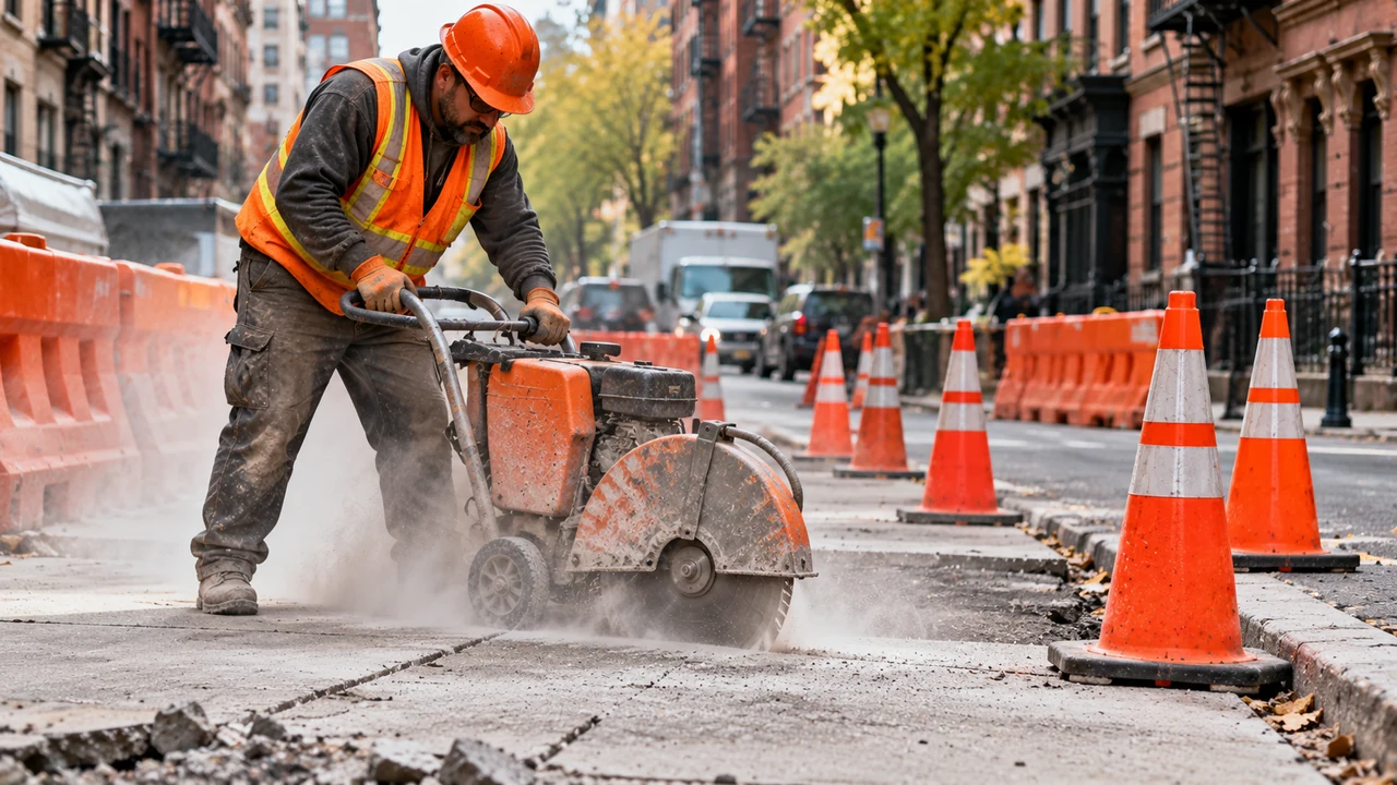 Crew cutting a concrete sidewalk section in Manhattan